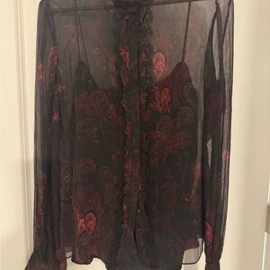 Elie Tahari Feminine Black Sheer Blouse with Red Paisley Motif